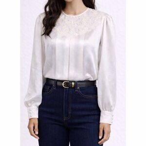 (NWT) AXIOM • Vintage 80s White Pleated Lace Bib Long Sleeve Blouse Top, 12